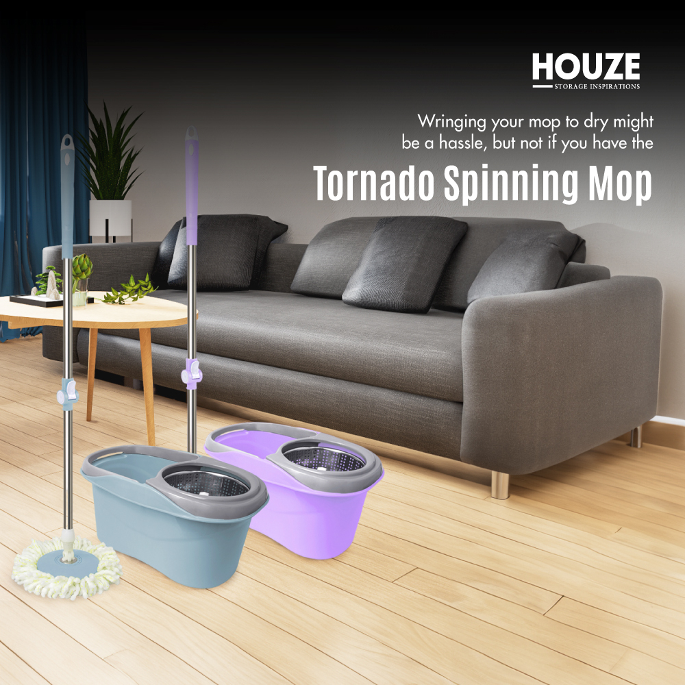 HOUZE - Tornado Spinning Mop (Available in 2 Colors) - Kitchen | 2-in-1 Set | Microfiber | Spin | Bathroom | Cleaning