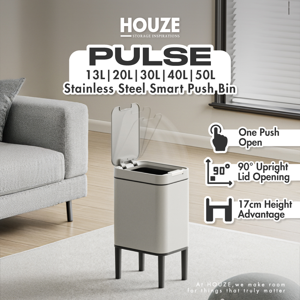 HOUZE - 'Pulse' Stainless Steel Smart Push Bin with Lid - Free 10pcs Trash Bag | 13L, 20L, 30L, 40L & 50L Kitchen Rubbish Dustbin