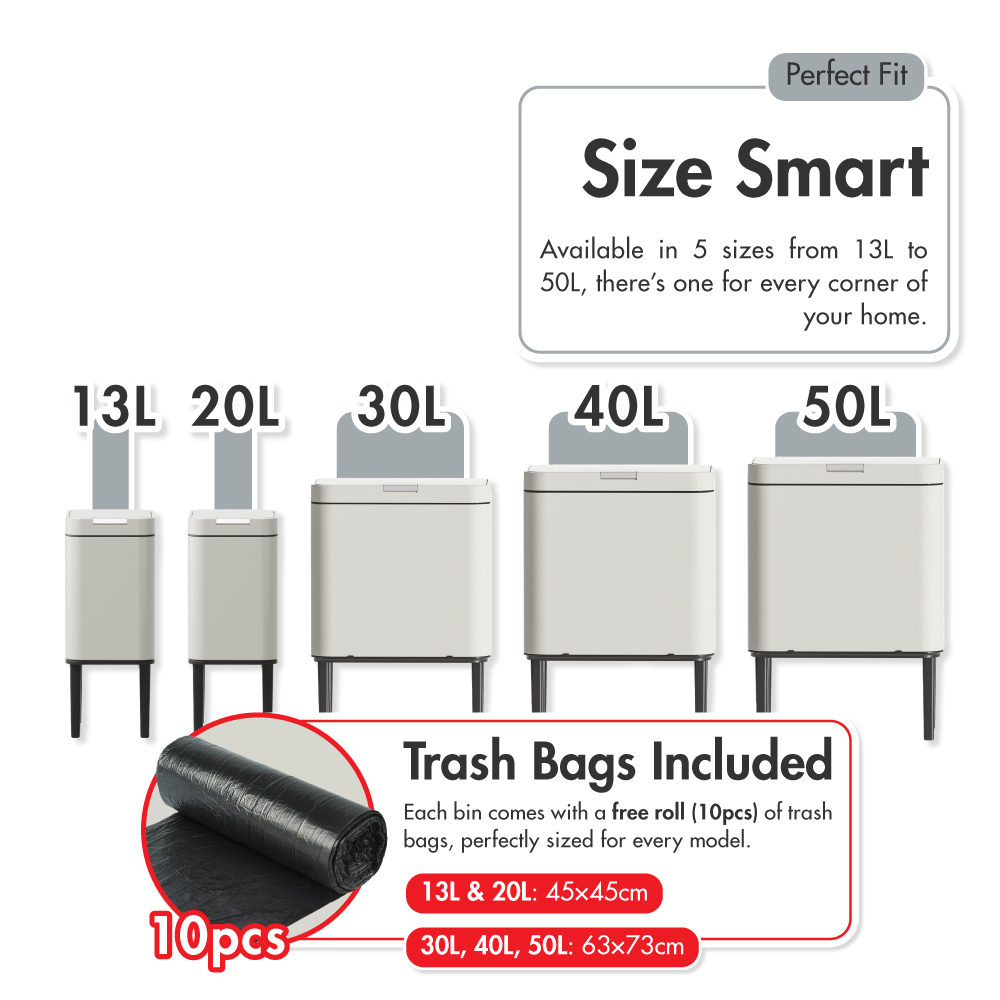 HOUZE - 'Pulse' Stainless Steel Smart Push Bin with Lid - Free 10pcs Trash Bag | 13L, 20L, 30L, 40L & 50L Kitchen Rubbish Dustbin