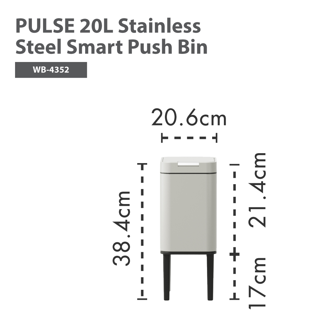 HOUZE - 'Pulse' Stainless Steel Smart Push Bin with Lid - Free 10pcs Trash Bag | 13L, 20L, 30L, 40L & 50L Kitchen Rubbish Dustbin