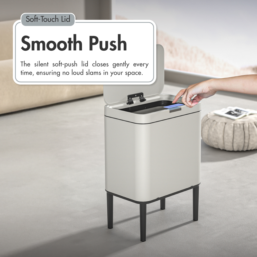 HOUZE - 'Pulse' Stainless Steel Smart Push Bin with Lid - Free 10pcs Trash Bag | 13L, 20L, 30L, 40L & 50L Kitchen Rubbish Dustbin
