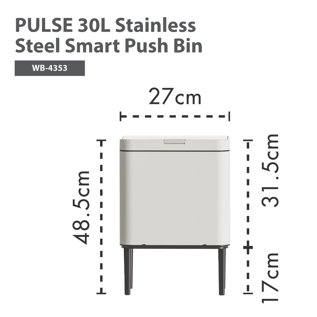 HOUZE - 'Pulse' Stainless Steel Smart Push Bin with Lid - Free 10pcs Trash Bag | 13L, 20L, 30L, 40L & 50L Kitchen Rubbish Dustbin