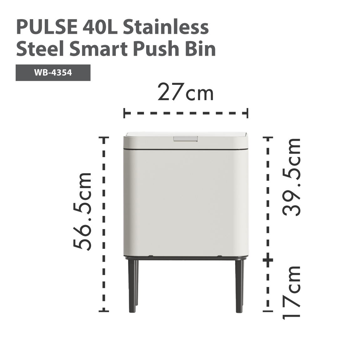 HOUZE - 'Pulse' Stainless Steel Smart Push Bin with Lid - Free 10pcs Trash Bag | 13L, 20L, 30L, 40L & 50L Kitchen Rubbish Dustbin
