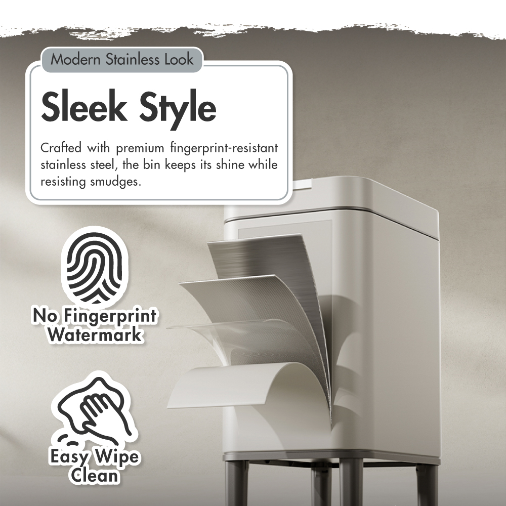HOUZE - 'Pulse' Stainless Steel Smart Push Bin with Lid - Free 10pcs Trash Bag | 13L, 20L, 30L, 40L & 50L Kitchen Rubbish Dustbin
