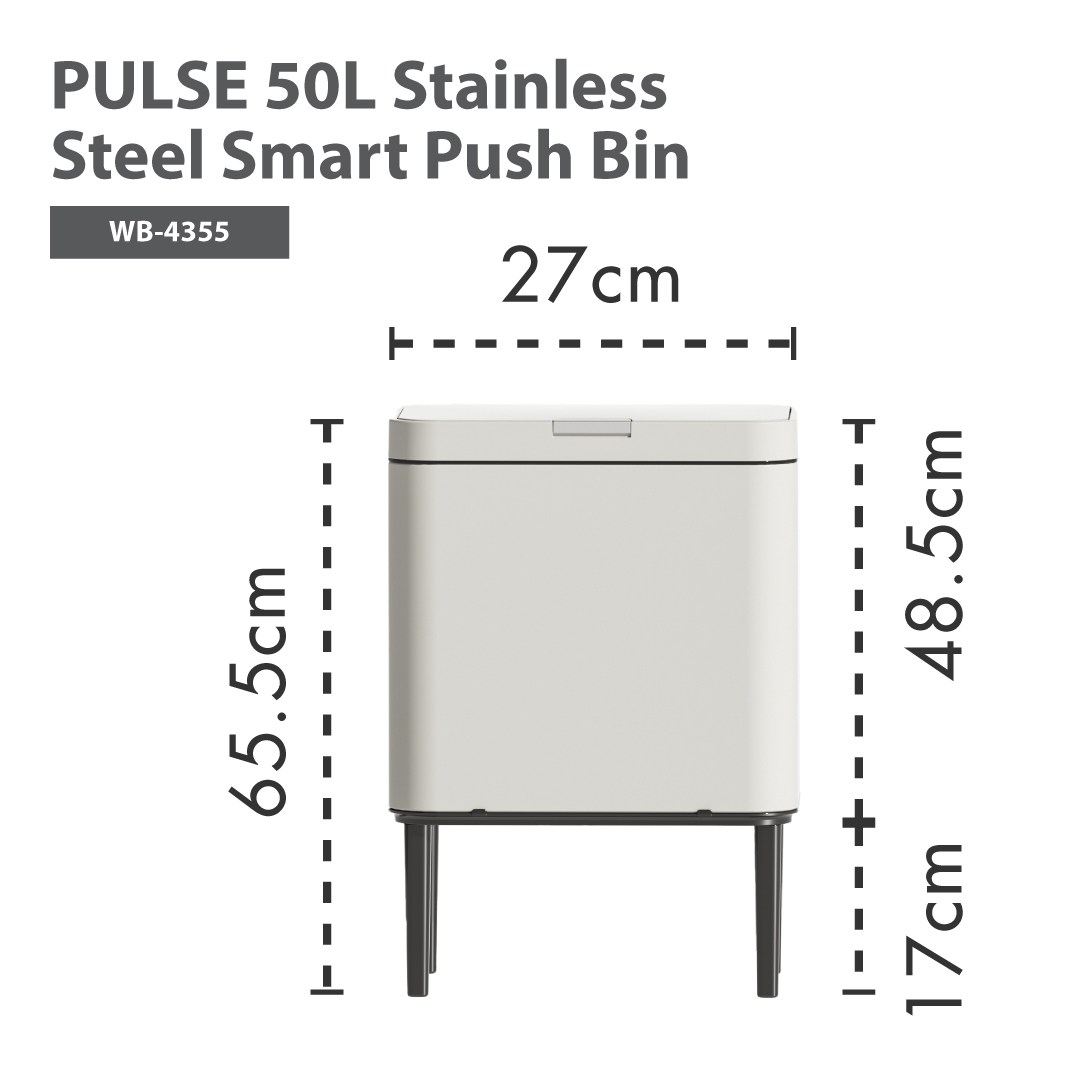 HOUZE - 'Pulse' Stainless Steel Smart Push Bin with Lid - Free 10pcs Trash Bag | 13L, 20L, 30L, 40L & 50L Kitchen Rubbish Dustbin