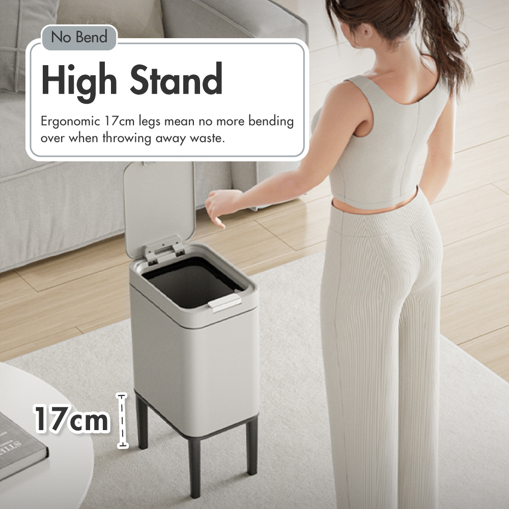 HOUZE - 'Pulse' Stainless Steel Smart Push Bin with Lid - Free 10pcs Trash Bag | 13L, 20L, 30L, 40L & 50L Kitchen Rubbish Dustbin