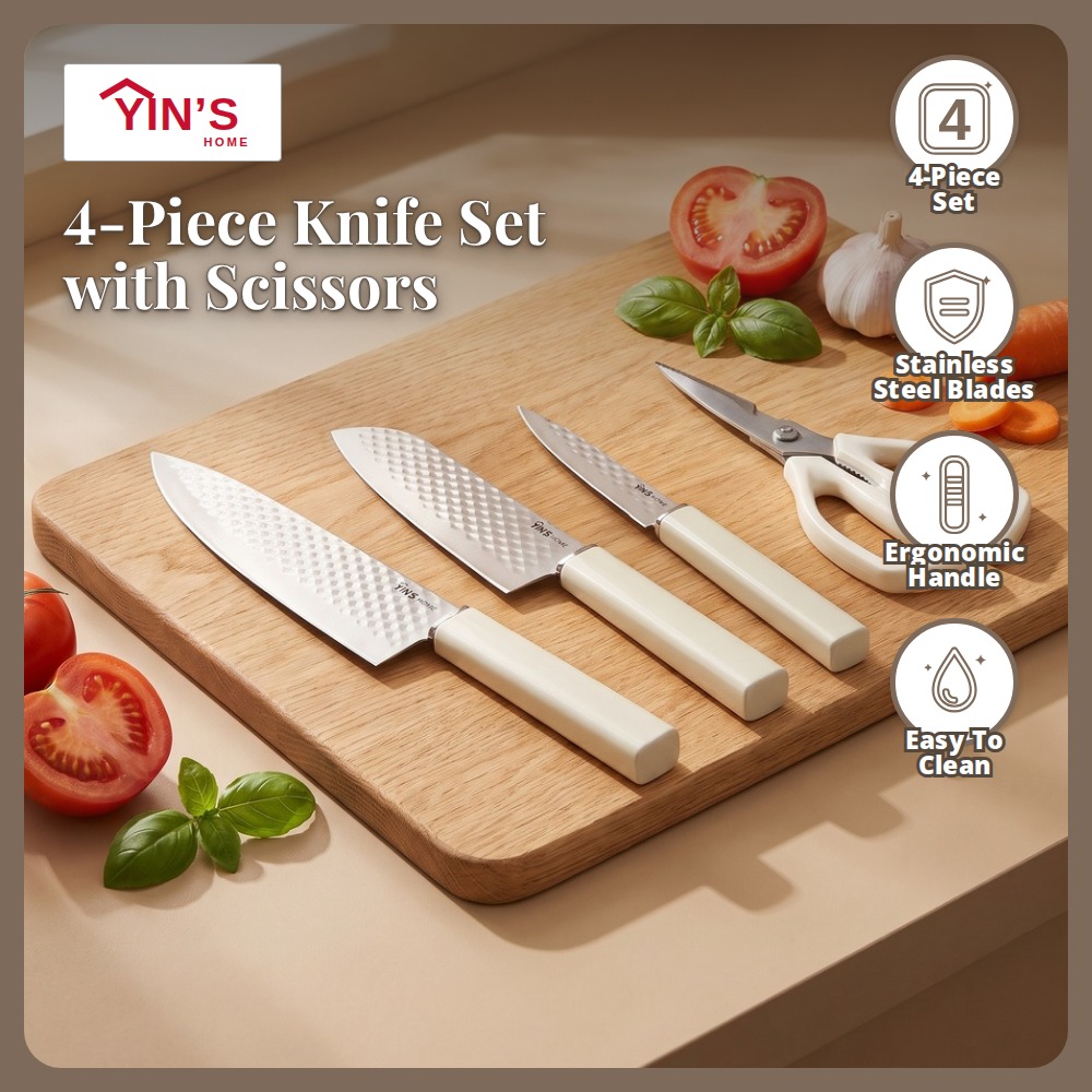 [Table Matters] Yin’s 4-Piece Kitchen Knife Set with Scissors | Cooking & Food Prep Set