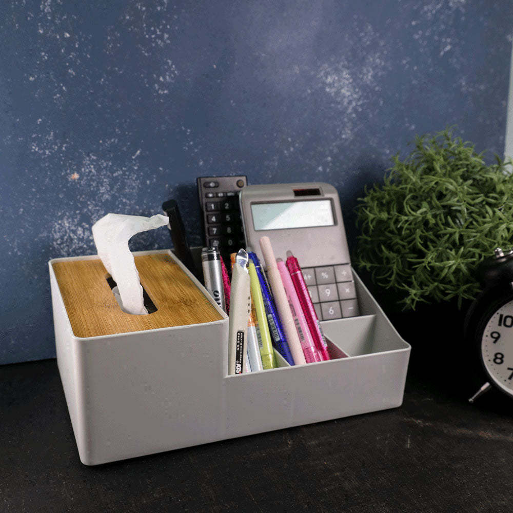 HOUZE - Bamboo Tissue Box With Desktop Storage Organiser (Grey)