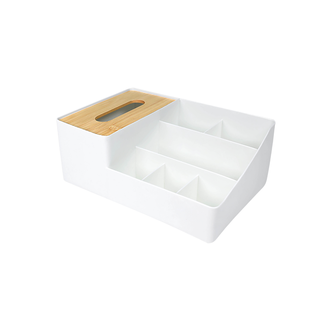 Bamboo Tissue Box With Desktop Storage Organiser (White)