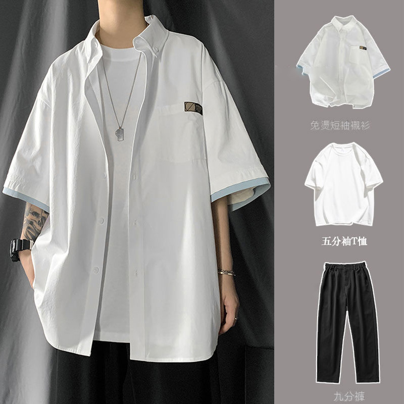 【單件/整套】日系帥氣薄款簡約原宿風短袖+襯衫+褲裝三件套