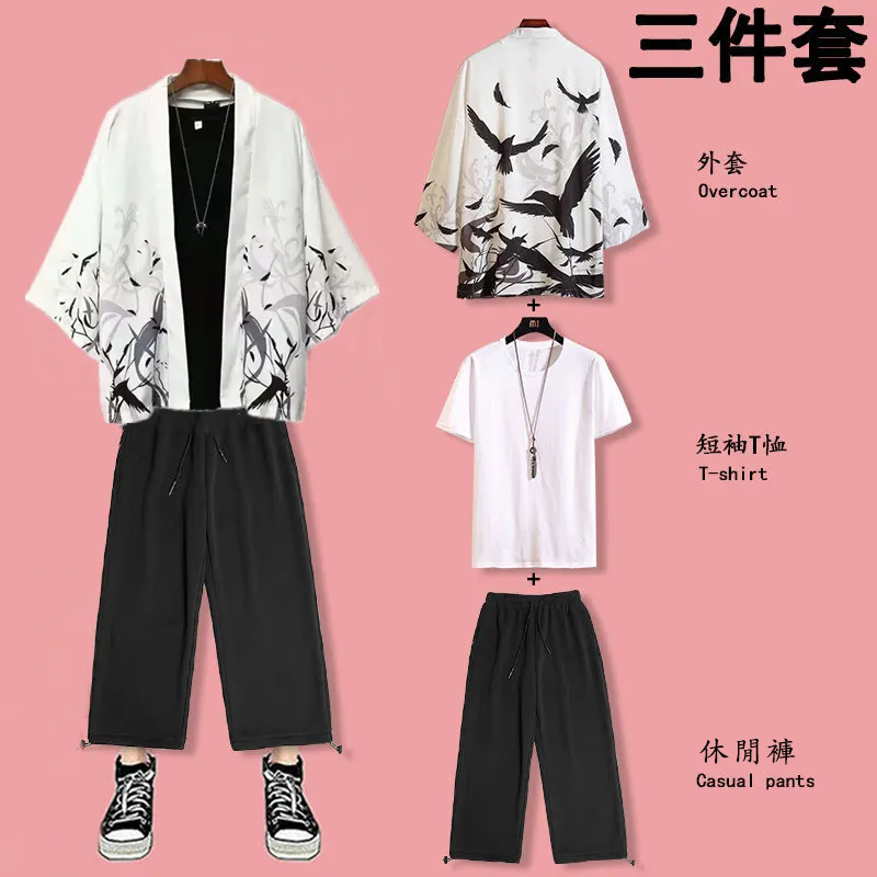 【整套】古風潮流七分袖道袍日式冰絲防曬衣三件套裝