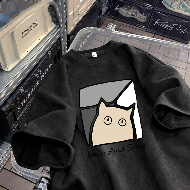 麂皮絨t恤男士夏季美式hiphop寬鬆百搭五分袖體恤情侶男生短袖