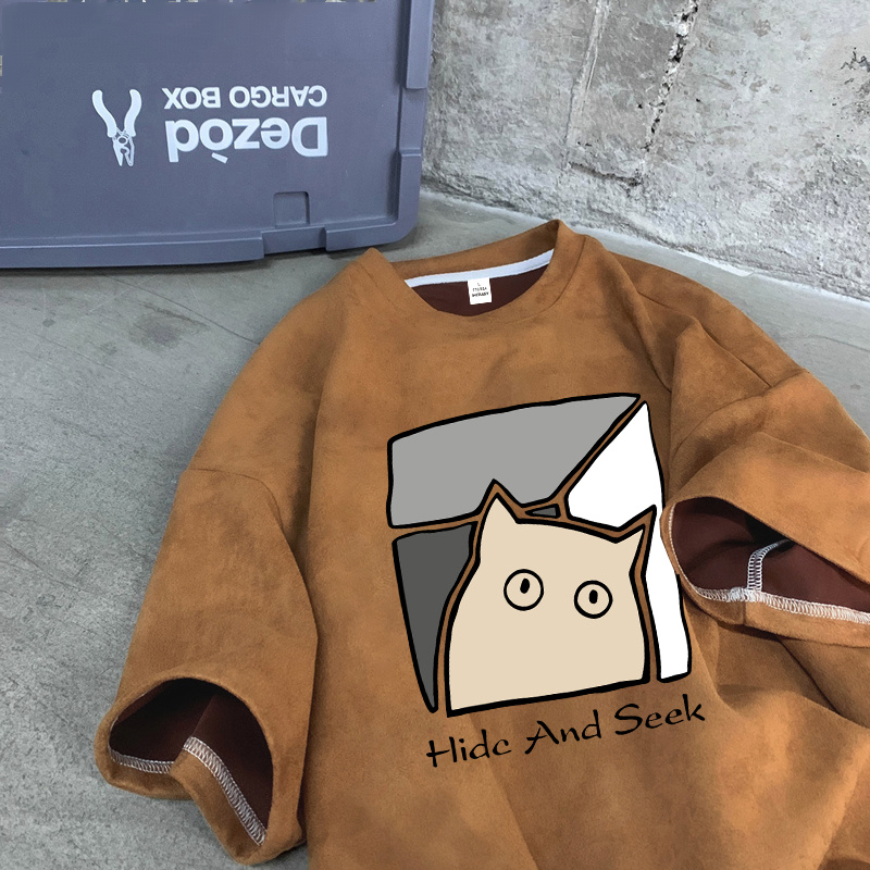 美式hiphop寬鬆百搭麂皮絨短袖T恤-vivivale