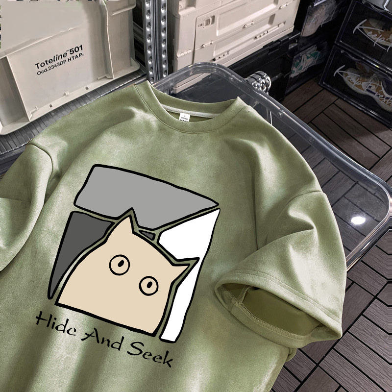 麂皮絨t恤男士夏季美式hiphop寬鬆百搭五分袖體恤情侶男生短袖