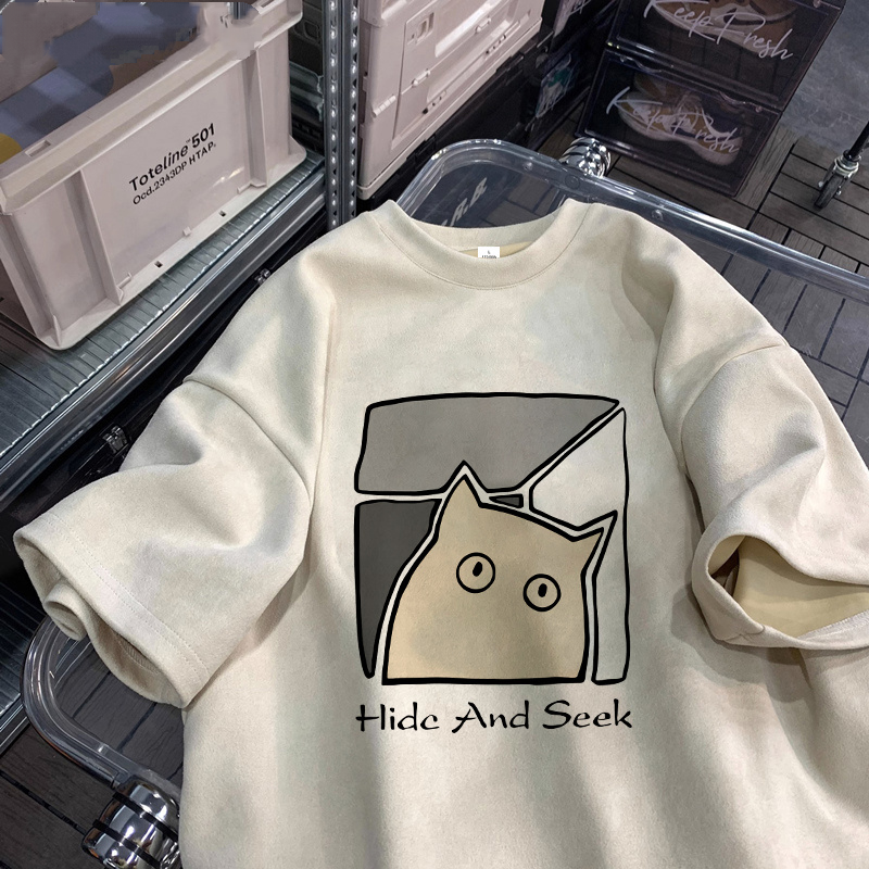 麂皮絨t恤男士夏季美式hiphop寬鬆百搭五分袖體恤情侶男生短袖