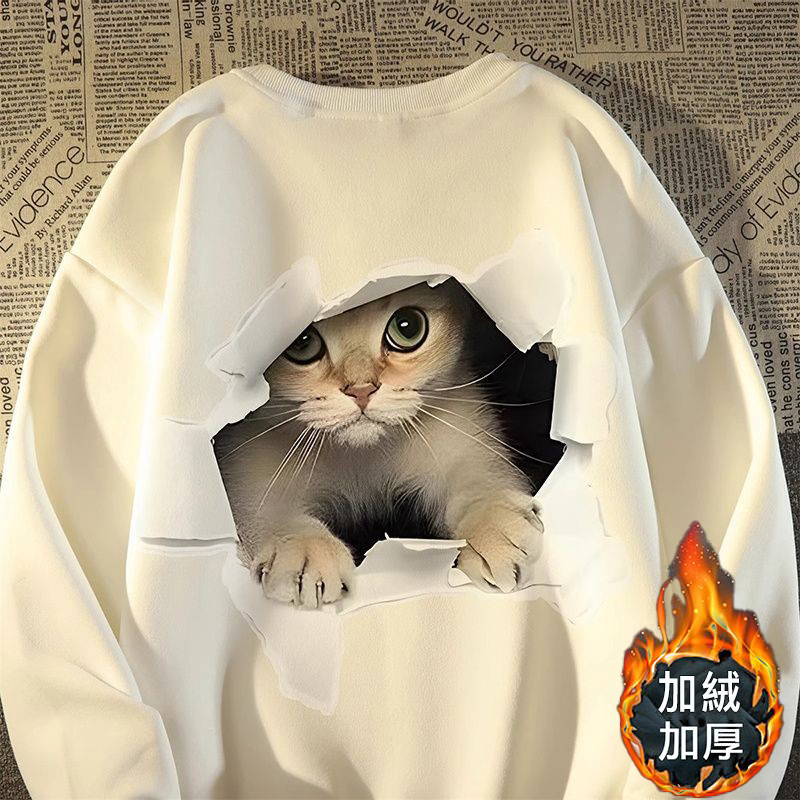 潮牌趣味貓咪印花復古長袖衛衣-vivivale