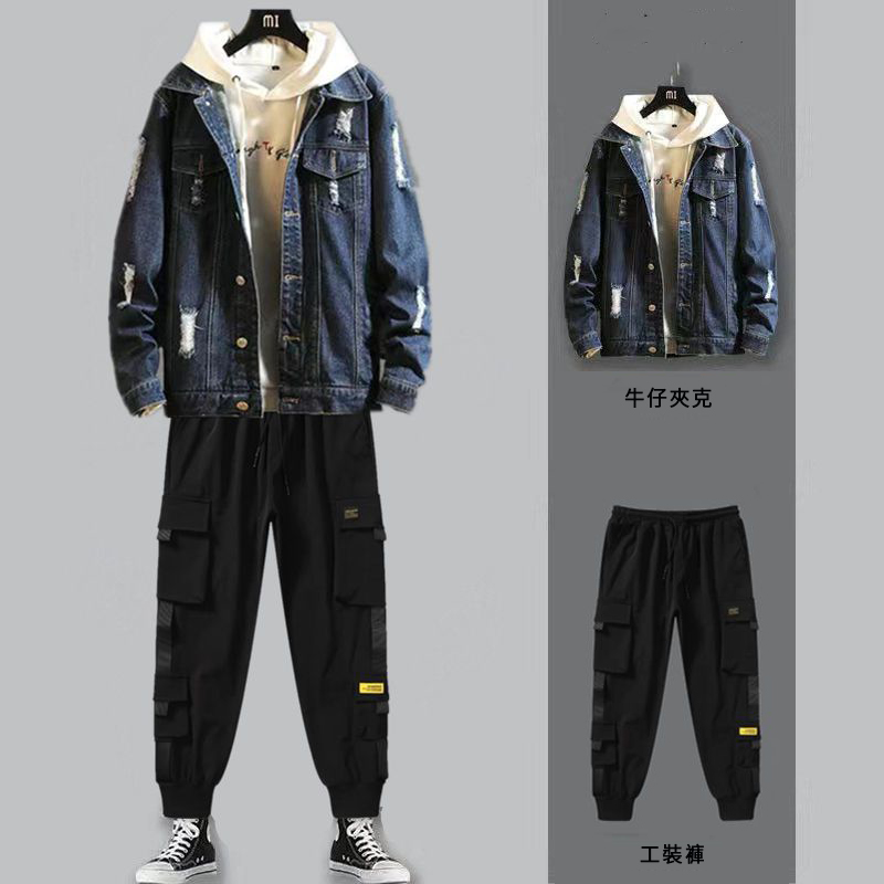 【套裝】牛仔潮流休閒夾克+印花衛衣+搭配帥氣褲裝三件套套裝