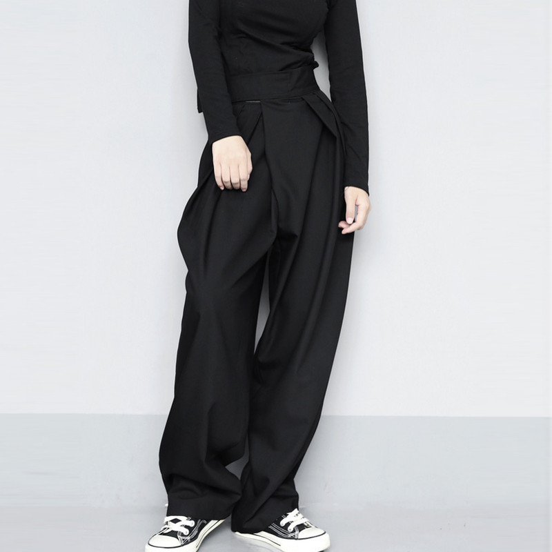 日系垂感休閒闊腿拖地設計感魔術貼西裝褲-vivivale