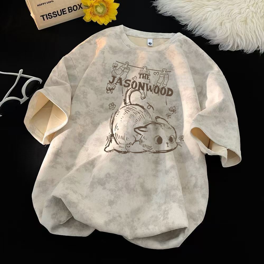 時尚休閑紮染卡通小貓印花短袖T恤