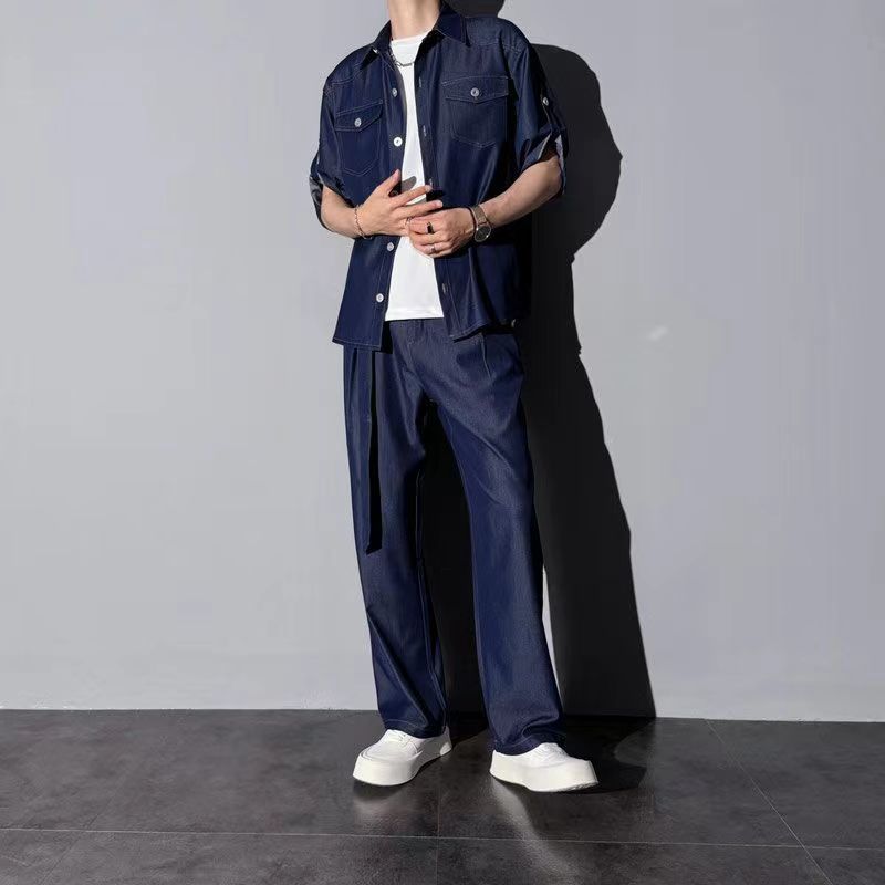 【單件/套裝】薄款五分袖時尚潮流冰絲牛仔襯衫+寬松休閑褲兩件套