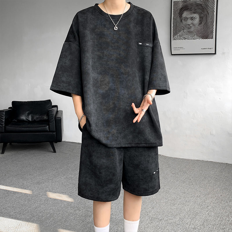 【整套】小眾設計感紮染七分短袖+潮流短褲兩件套裝-vivivale