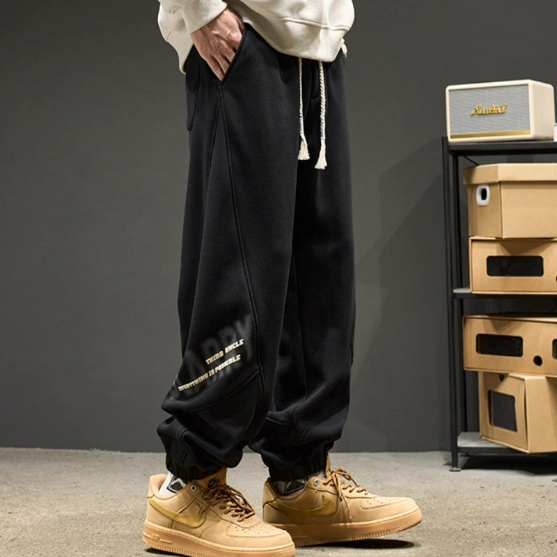 重磅美式嘻哈字母束腳寬鬆加厚運動褲-vivivale