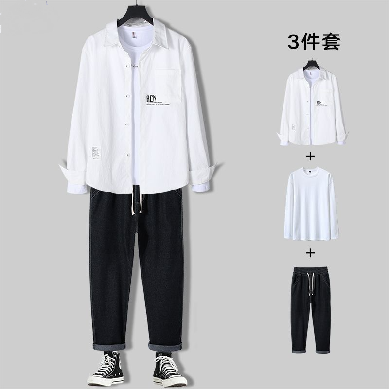 【套裝】休閒韓版潮流襯衫+百搭T恤+牛仔褲裝三件套套裝-vivivale