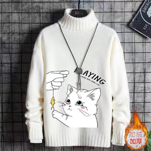 韓版卡通印花潮流針織衫一體絨半高領毛衣-vivivale