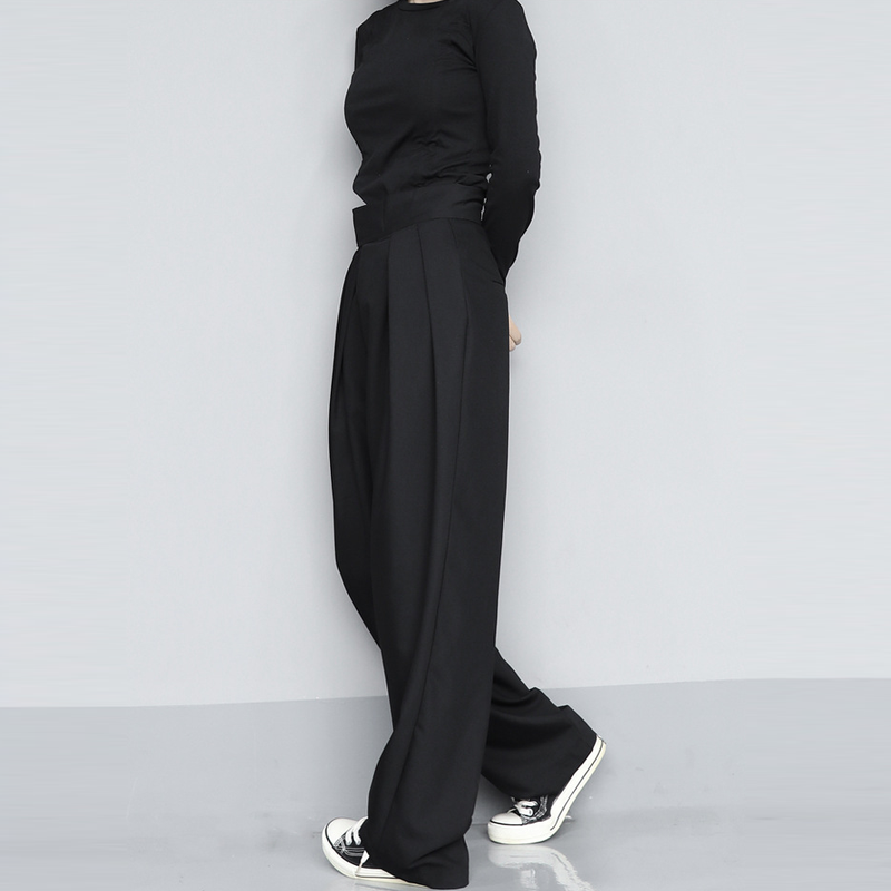 日系垂感休閒闊腿拖地設計感魔術貼西裝褲-vivivale