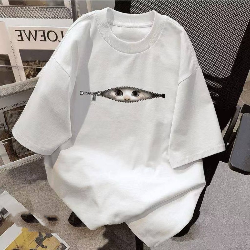 不起球拉鏈躲貓貓印花百搭慵懶情侶短袖T恤