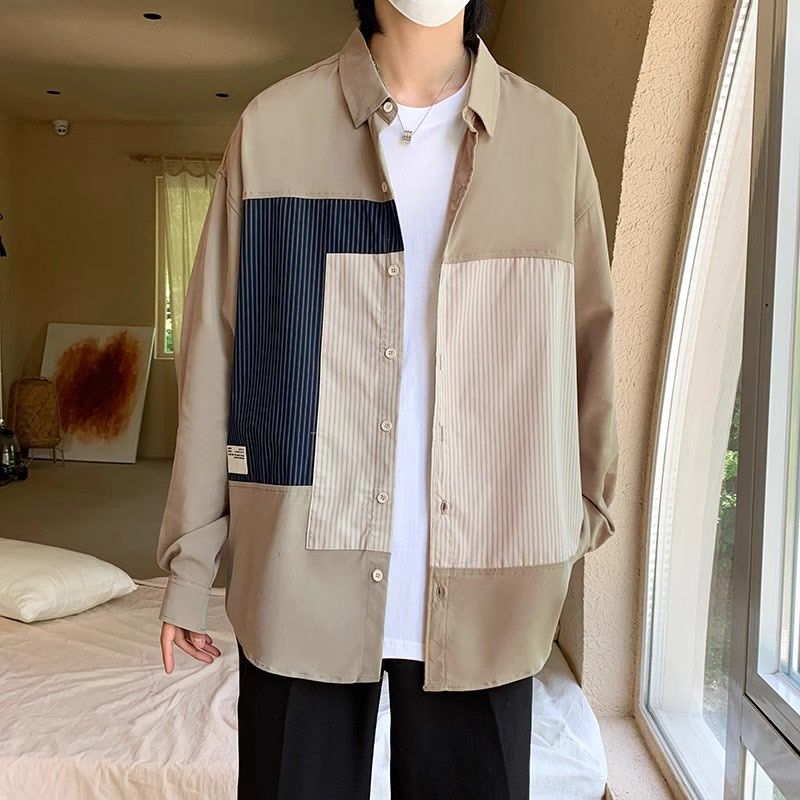設計感百搭潮流寬鬆拼接條紋襯衫