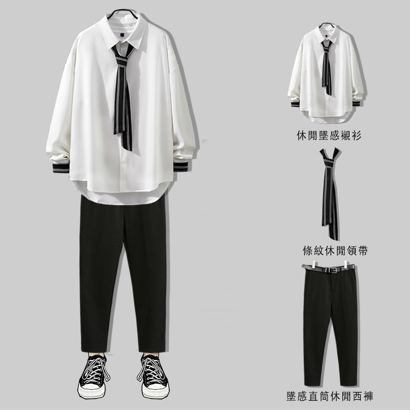 【套裝】潮流學院風領帶襯衣+垂感休閒褲裝兩件套裝-vivivale