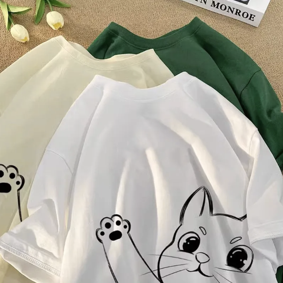簡約百搭卡通貓咪印花短袖T恤