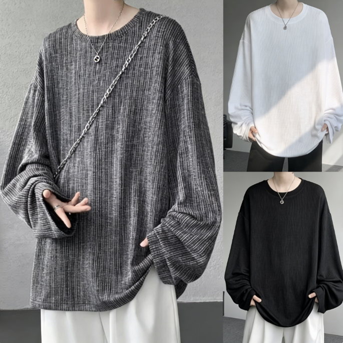 日系潮流慵懶原宿百搭肌理純色褶皺長袖t恤