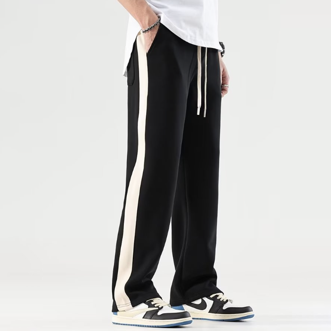 日系潮流拼色時尚直筒寬鬆垂感闊腿褲-vivivale