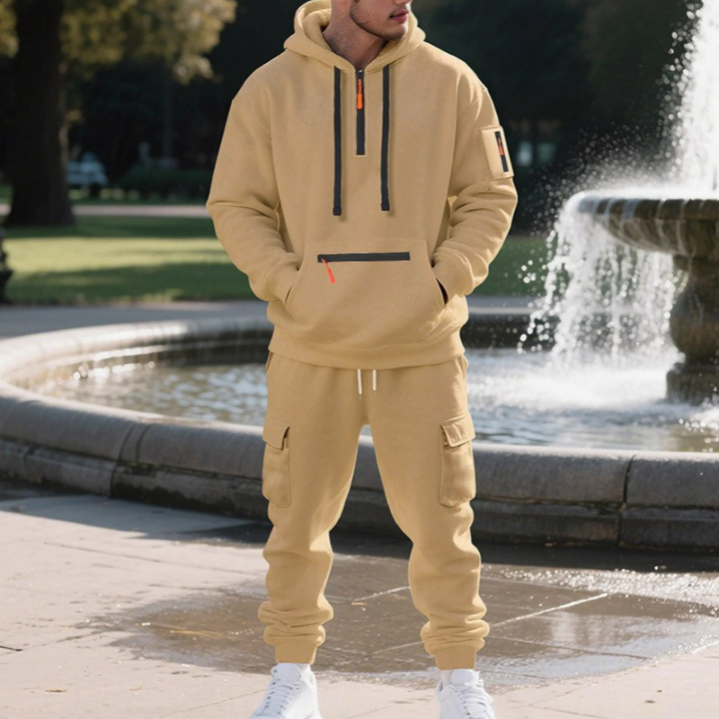 【整套】美式重磅加絨寬鬆休閒連帽T+潮流工裝運動褲兩件套裝-vivivale