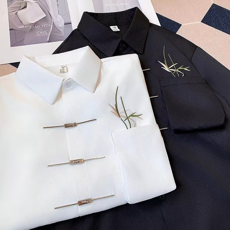 國風刺繡中式百搭休閒金屬痞帥長袖襯衫