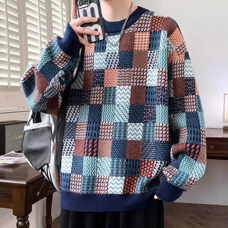寬鬆休閒保暖針織衫圓領打底帥氣格子毛衣-vivivale
