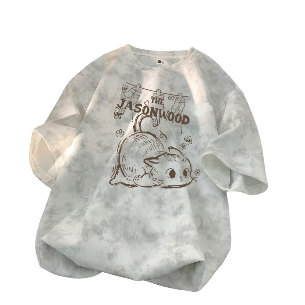 時尚休閑紮染卡通小貓印花短袖T恤