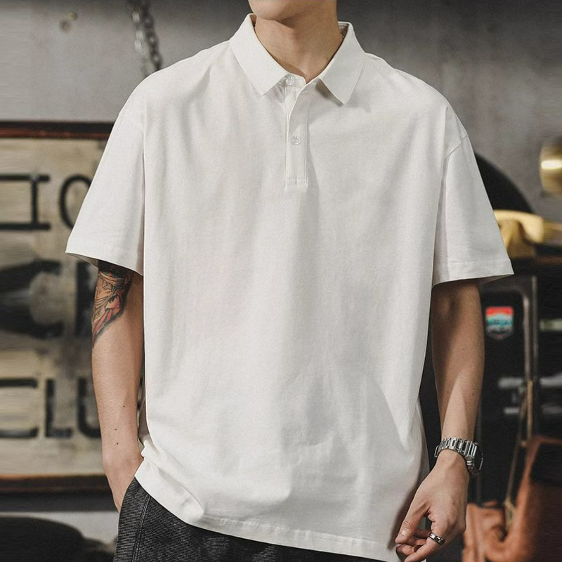 潮流帥氣寬鬆重磅純棉翻領純色t恤polo衫-vivivale