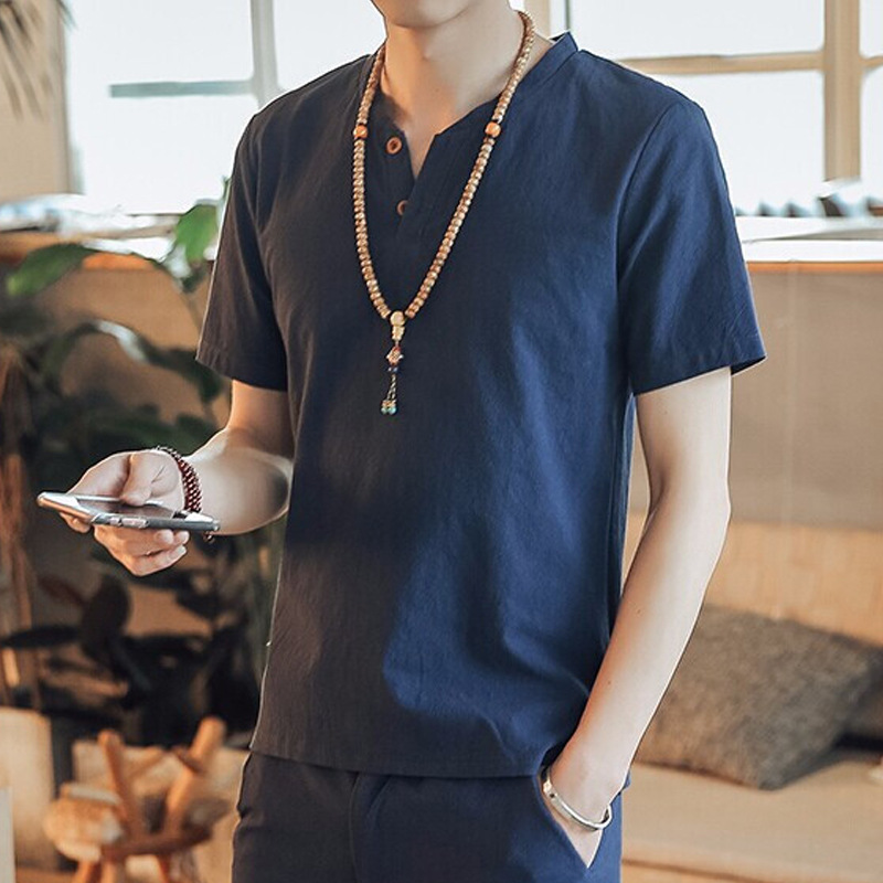 亞麻休閒寬鬆復古棉麻v領短袖T恤-vivivale