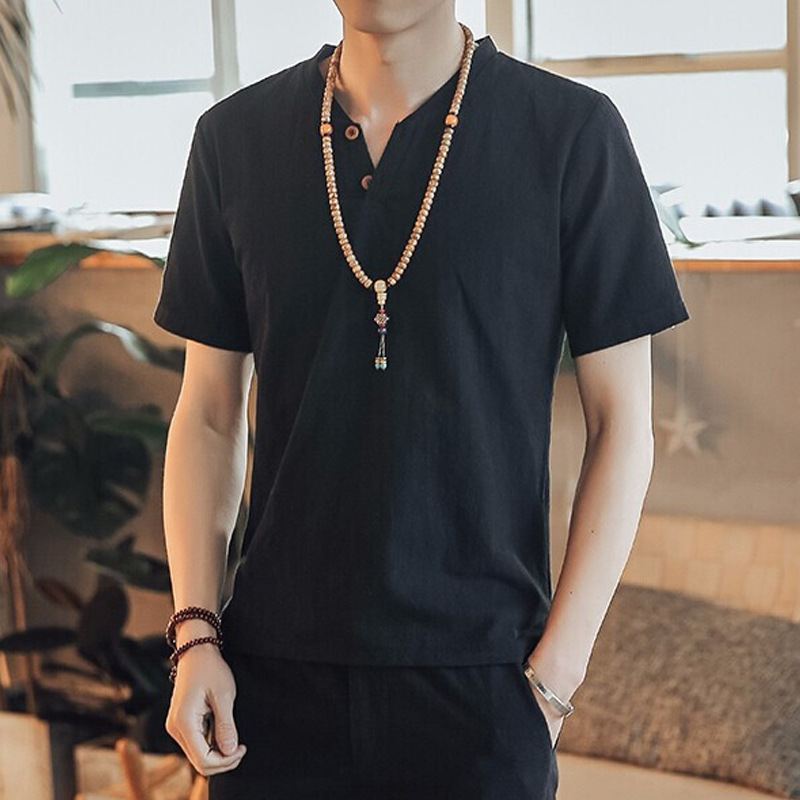 亞麻休閒寬鬆復古棉麻v領短袖T恤-vivivale