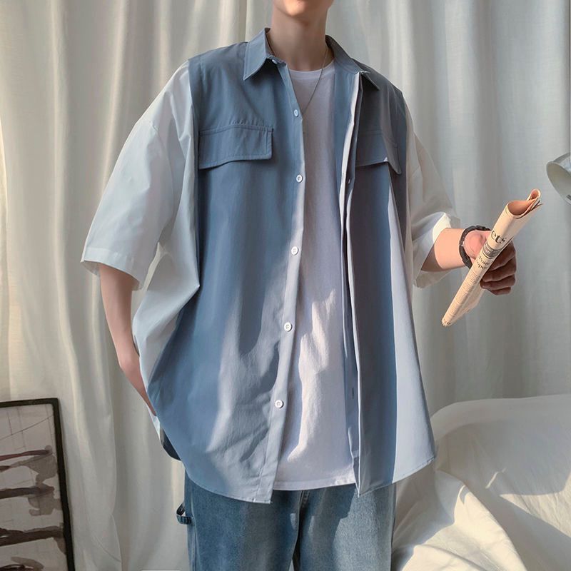 【整套】港風潮流韓版百搭短袖襯衫+休閑短褲兩件套