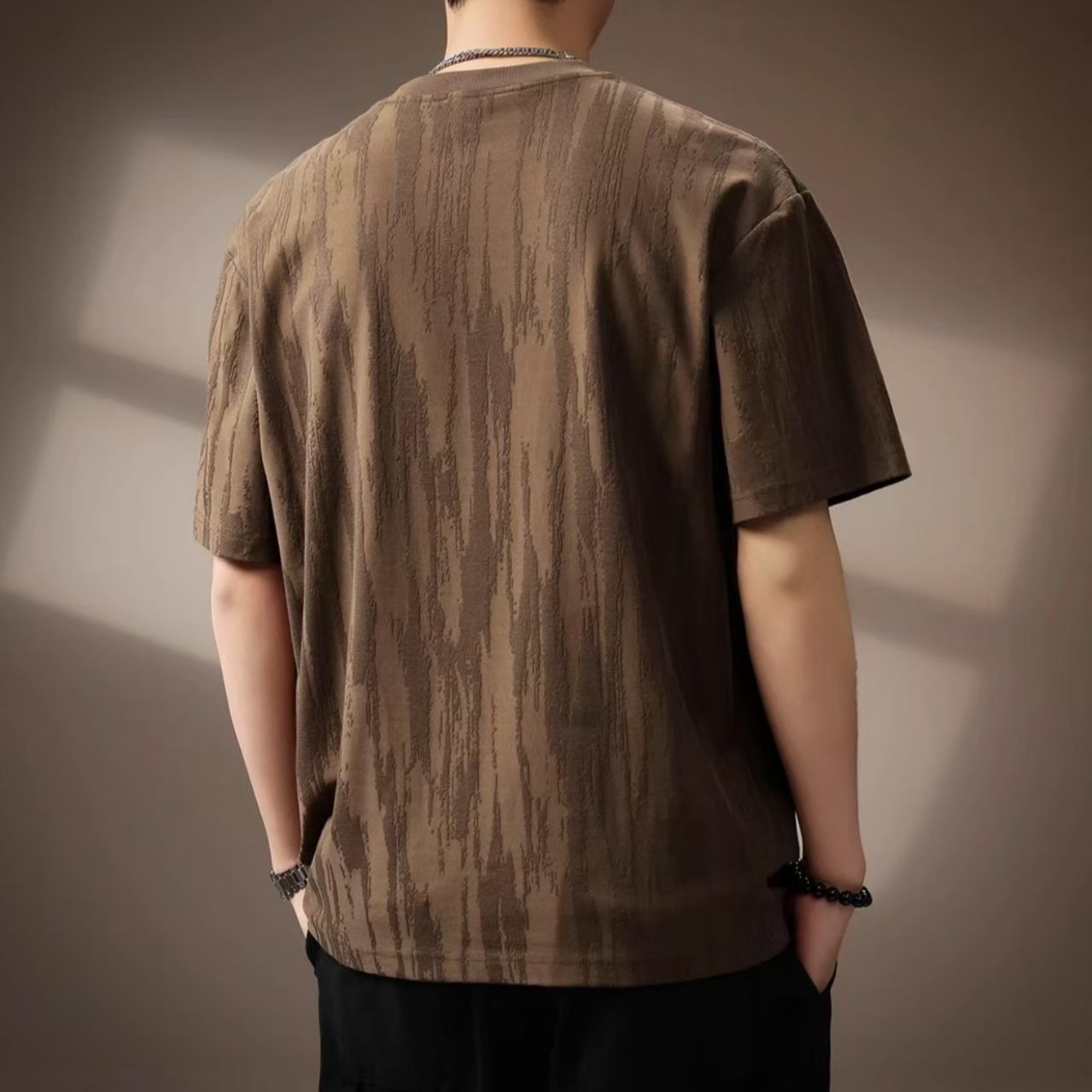 重磅百搭提花圓領復古寬鬆短袖T恤-vivivale