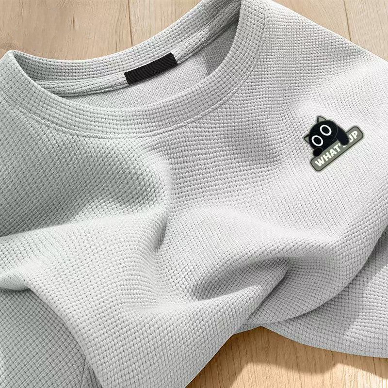 華夫格寬鬆簡約圓領印花短袖-vivivale