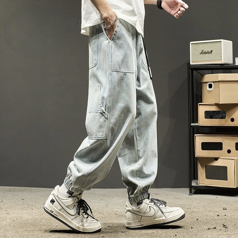 美式寬鬆直筒休閒薄款束腳工裝牛仔褲-vivivale