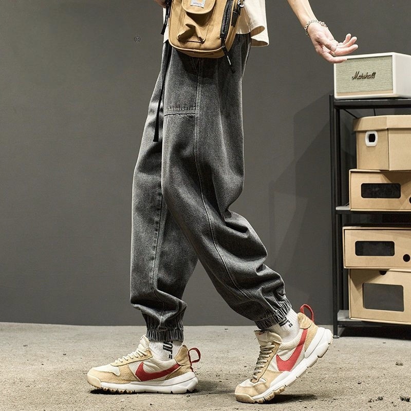 美式寬鬆直筒休閒薄款束腳工裝牛仔褲-vivivale