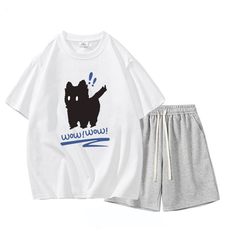 【單件/套裝】貓咪純棉潮流短袖+休閒運動短褲兩件套裝-vivivale