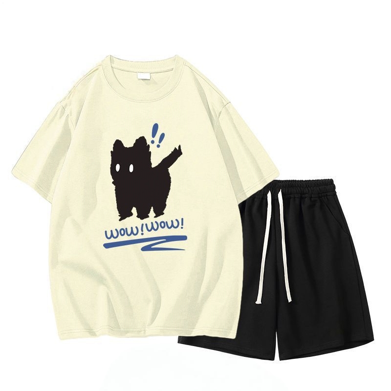 【單件/套裝】貓咪純棉潮流短袖+休閒運動短褲兩件套裝-vivivale