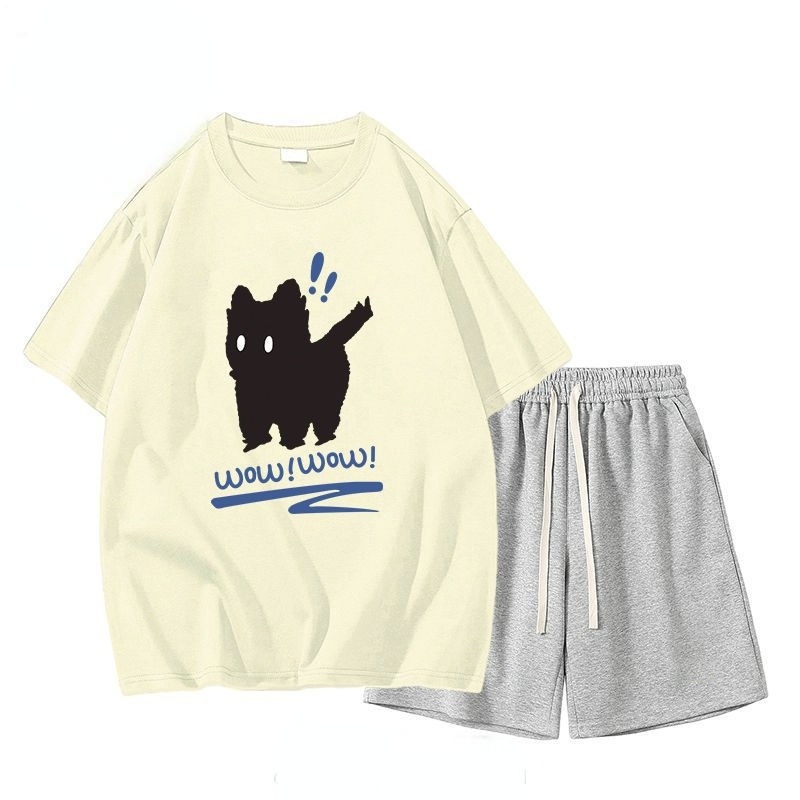 【單件/套裝】貓咪純棉潮流短袖+休閒運動短褲兩件套裝-vivivale